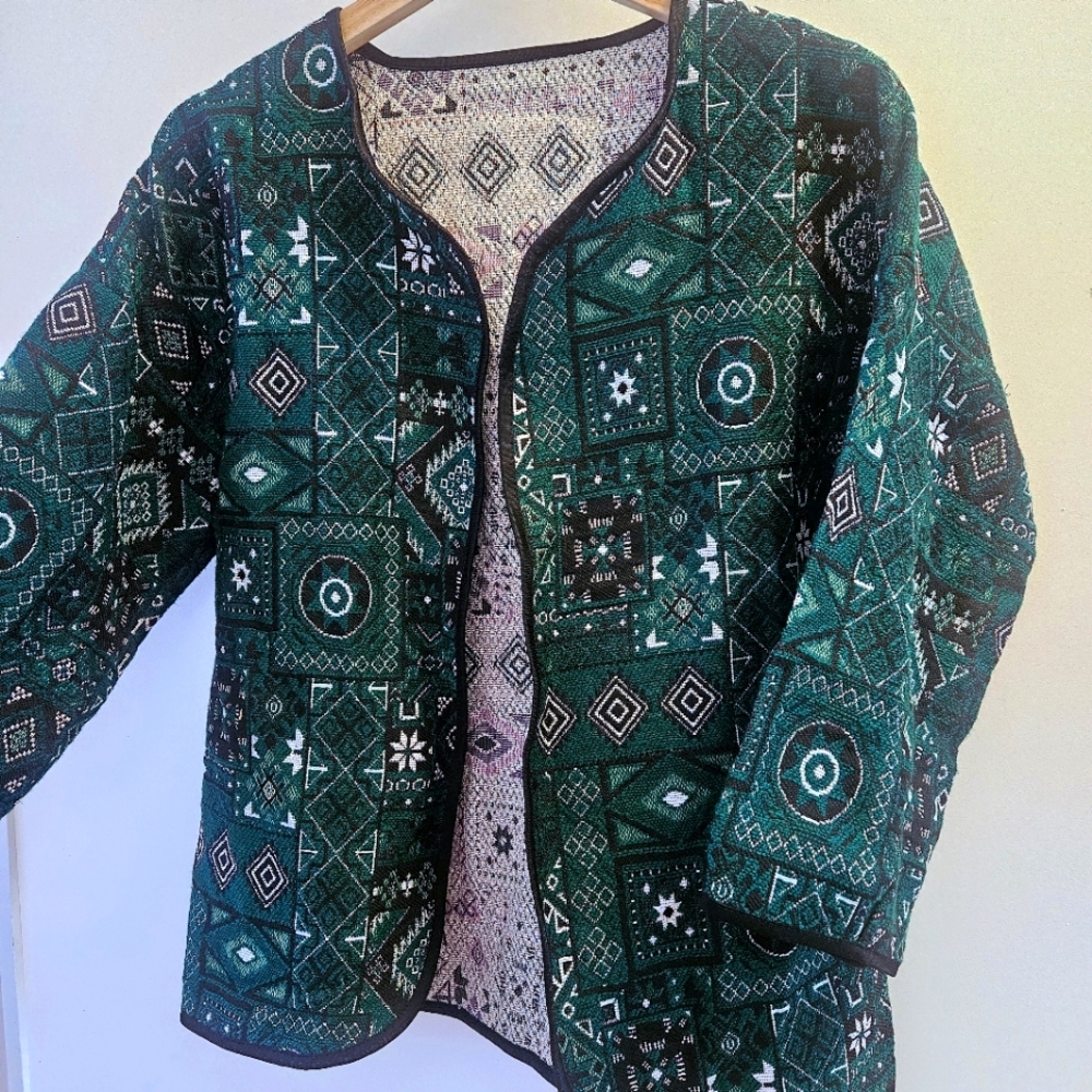 Unique Green Geometric Pattern Jacket, Front Open… - image 4